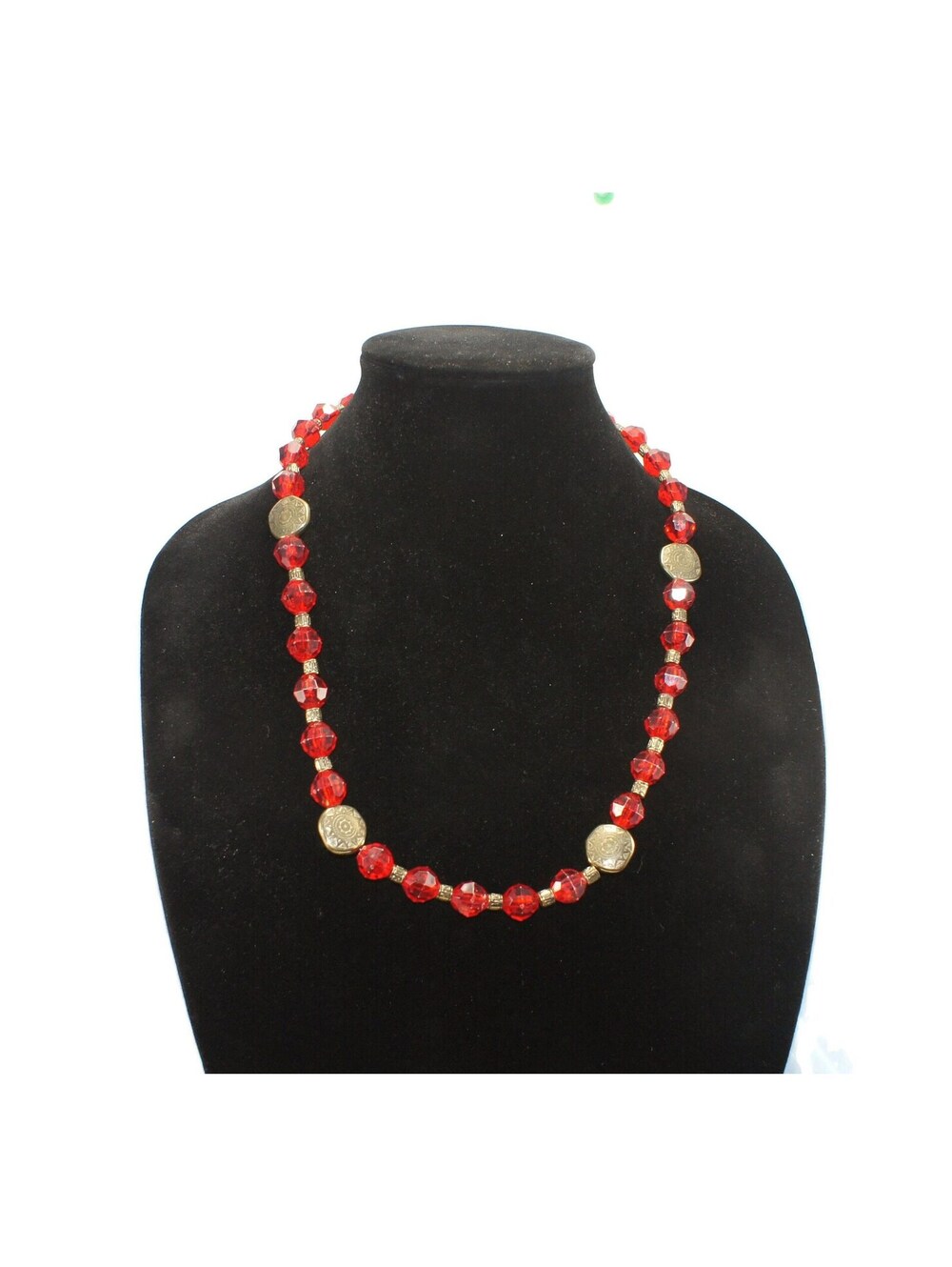 Vintage Gold Tone & Faceted Red Plastic Beaded 24" Necklace with Magnetic Clasp.